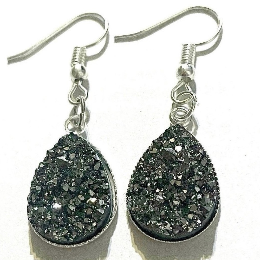 Silver Druzy Teardrop Dangle Earrings